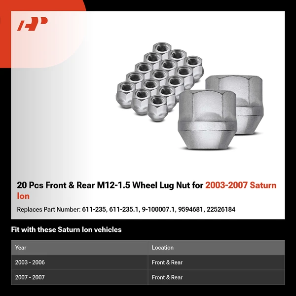 20 Pcs Front & Rear M12-1.5 Wheel Lug Nut for 2003-2007 Saturn Ion