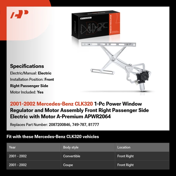 2001-2002 Mercedes-Benz CLK320 1-Pc Power Window Regulator and Motor Assembly Front Right Passenger Side Electric with Motor A-Premium APWR2064