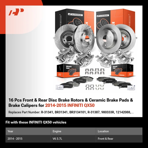 16 Pcs Front & Rear Disc Brake Rotors & Ceramic Brake Pads & Brake Calipers for 2014-2015 INFINITI QX50