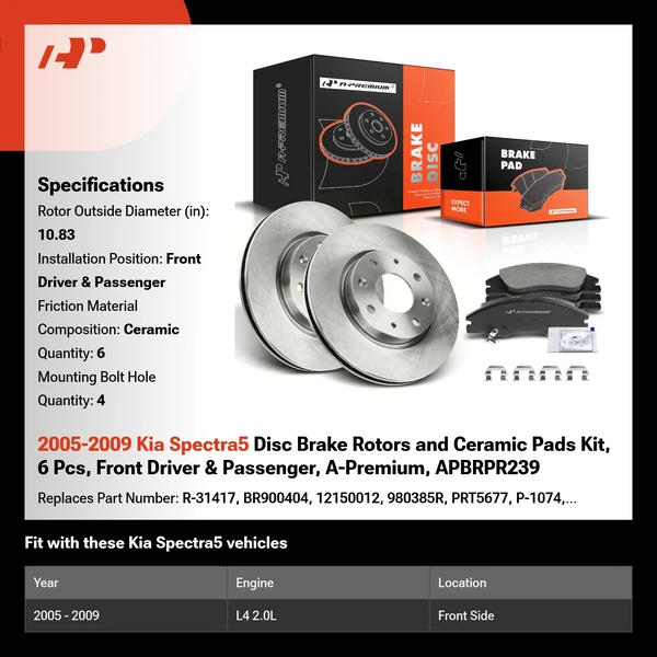 2005-2009 Kia Spectra5 Disc Brake Rotors and Ceramic Pads Kit, 6 Pcs, Front Driver & Passenger, A-Premium, APBRPR239