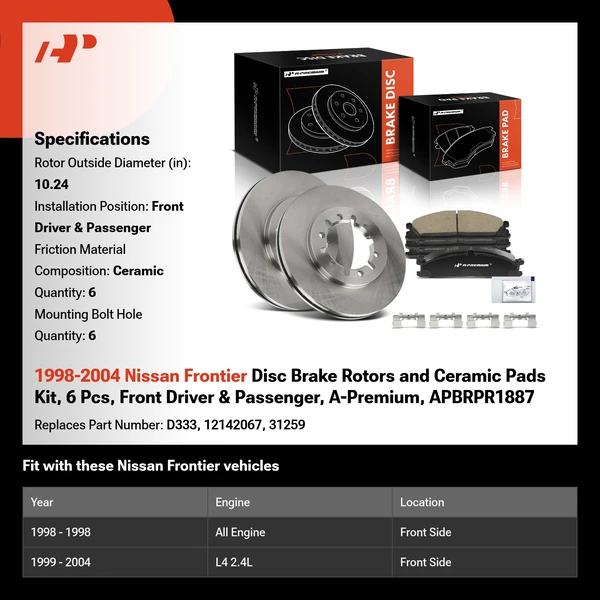 1998-2004 Nissan Frontier Disc Brake Rotors and Ceramic Pads Kit, 6 Pcs, Front Driver & Passenger, A-Premium, APBRPR1887