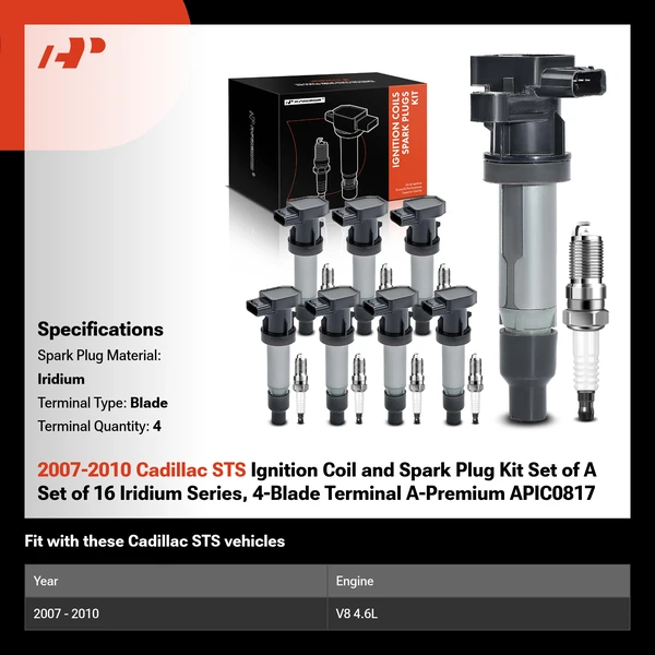 2007-2010 Cadillac STS Ignition Coil and Spark Plug Kit Set of A Set of 16 Iridium Series, 4-Blade Terminal A-Premium APIC0817