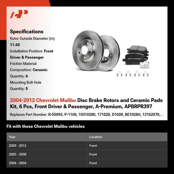 2004-2012 Chevrolet Malibu Disc Brake Rotors and Ceramic Pads Kit, 6 Pcs, Front Driver & Passenger, A-Premium, APBRPR397