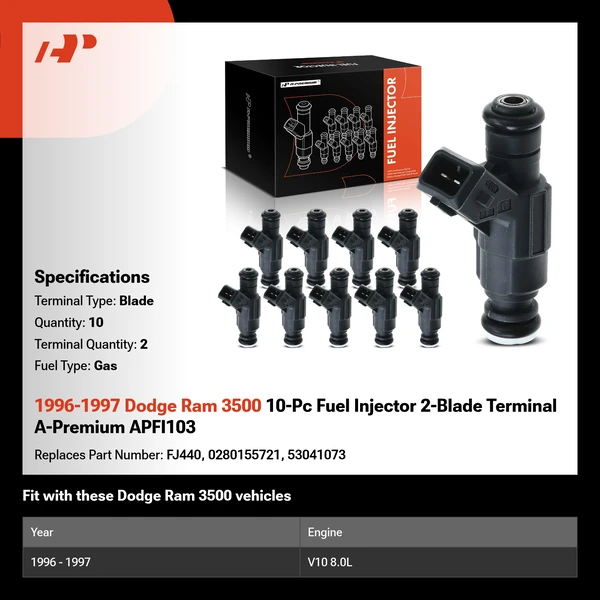 1996-1997 Dodge Ram 3500 10-Pc Fuel Injector 2-Blade Terminal A-Premium APFI103
