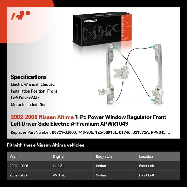 2002-2006 Nissan Altima 1-Pc Power Window Regulator Front Left Driver Side Electric A-Premium APWR1049