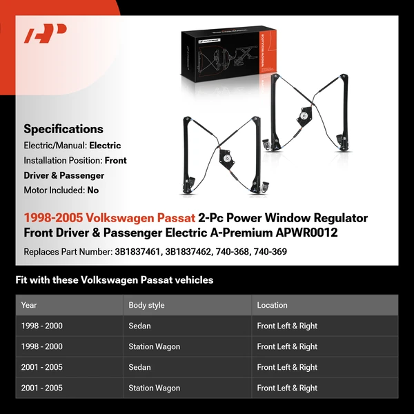 1998-2005 Volkswagen Passat 2-Pc Power Window Regulator Front Driver & Passenger Electric A-Premium APWR0012