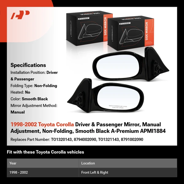 1998-2002 Toyota Corolla Driver & Passenger Mirror, Manual Adjustment, Non-Folding, Smooth Black A-Premium APMI1884