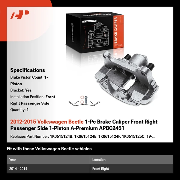 2012-2015 Volkswagen Beetle 1-Pc Brake Caliper Front Right Passenger Side 1-Piston A-Premium APBC2451