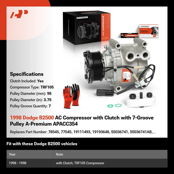 1998 Dodge B2500 AC Compressor with Clutch with 7-Groove Pulley A-Premium APACC354