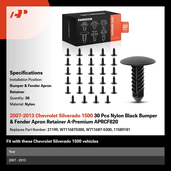 2007-2013 Chevrolet Silverado 1500 30 Pcs Nylon Black Bumper & Fender Apron Retainer A-Premium APRCF820