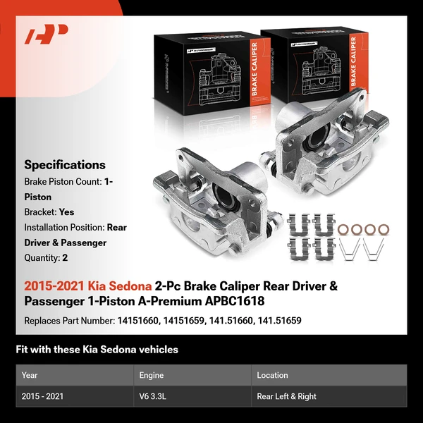 2015-2021 Kia Sedona 2-Pc Brake Caliper Rear Driver & Passenger 1-Piston A-Premium APBC1618