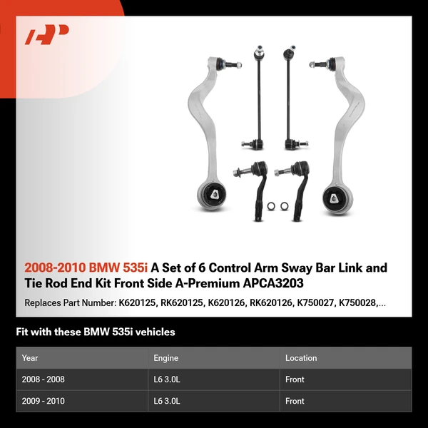 2008-2010 BMW 535i A Set of 6 Control Arm Sway Bar Link and Tie Rod End Kit Front Side A-Premium APCA3203