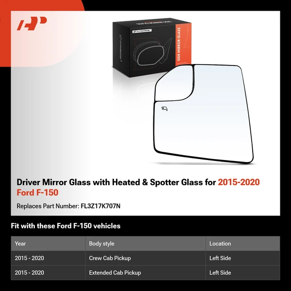 Driver Mirror Glass with Heated & Spotter Glass for 2015-2020 Ford F-150