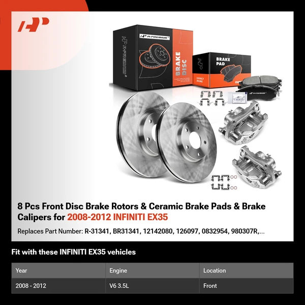 8 Pcs Front Disc Brake Rotors & Ceramic Brake Pads & Brake Calipers for 2008-2012 INFINITI EX35