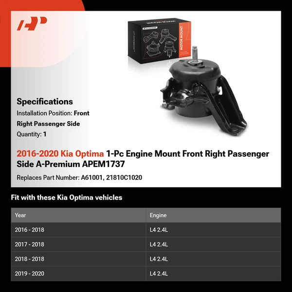 2016-2020 Kia Optima 1-Pc Engine Mount Front Right A-Premium APEM1737