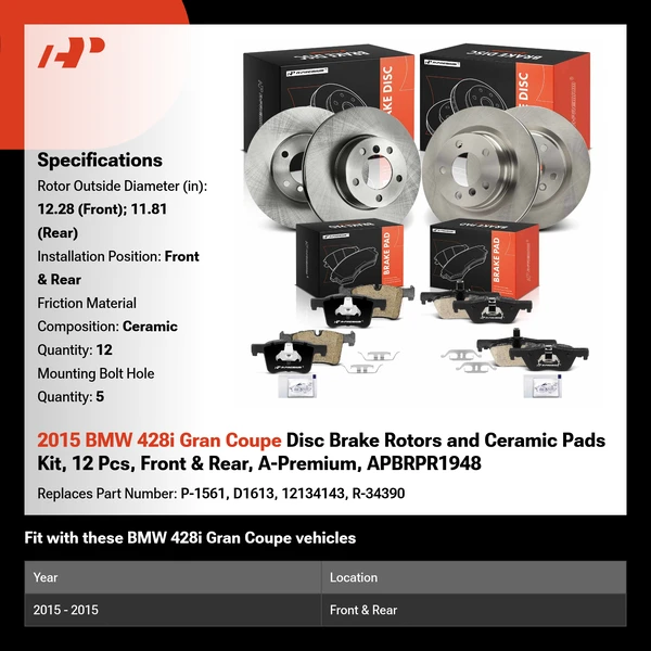 2015 BMW 428i Gran Coupe Disc Brake Rotors and Ceramic Pads Kit, 12 Pcs, Front & Rear, A-Premium, APBRPR1948
