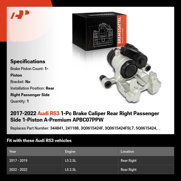 2017-2022 Audi RS3 1-Pc Brake Caliper Rear Right Passenger Side 1-Piston A-Premium APBC07PPW