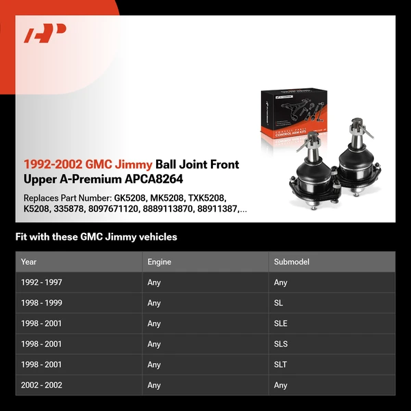 1992-2002 GMC Jimmy Ball Joint Front Upper A-Premium APCA8264