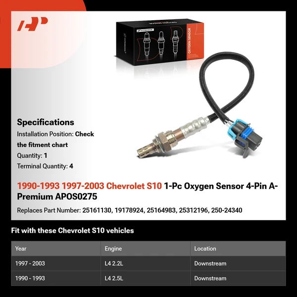 1990-1993 1997-2003 Chevrolet S10 1-Pc Oxygen Sensor 4-Pin A-Premium APOS0275