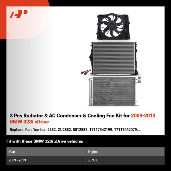 3 Pcs Radiator & AC Condenser & Cooling Fan Kit for 2009-2013 BMW 328i xDrive
