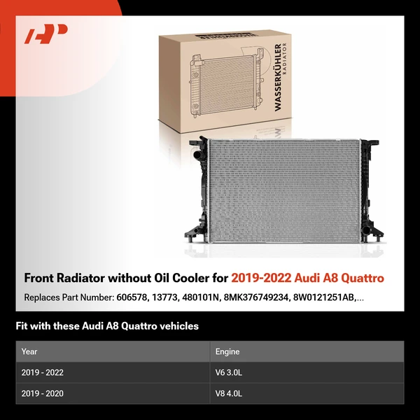 Front Radiator without Oil Cooler for 2019-2022 Audi A8 Quattro