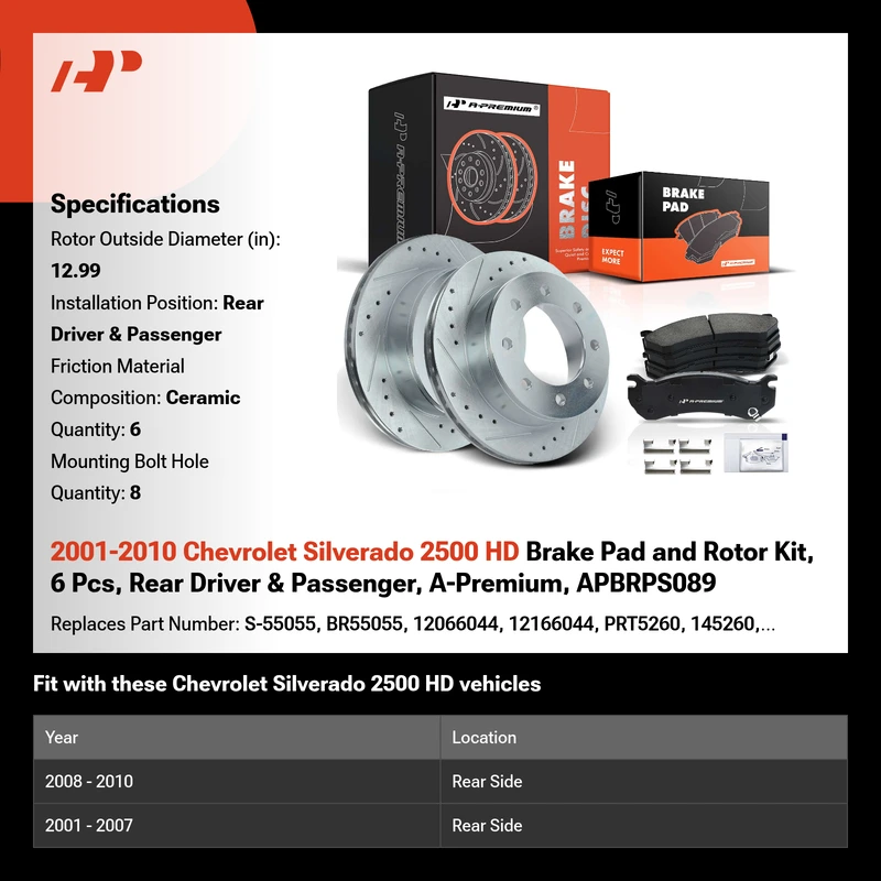 2001-2010 Chevrolet Silverado 2500 HD Brake Pad and Rotor Kit, 6 Pcs, Rear Driver & Passenger, A-Premium, APBRPS089
