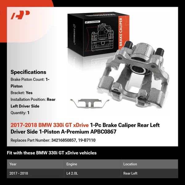 2017-2018 BMW 330i GT xDrive 1-Pc Brake Caliper Rear Left Driver Side 1-Piston A-Premium APBC0867