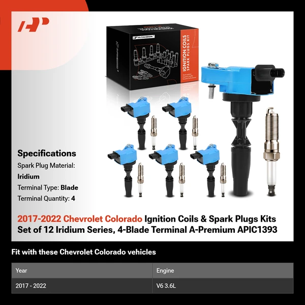 2017-2022 Chevrolet Colorado Ignition Coils & Spark Plugs Kits Set of 12 Iridium Series, 4-Blade Terminal A-Premium APIC1393