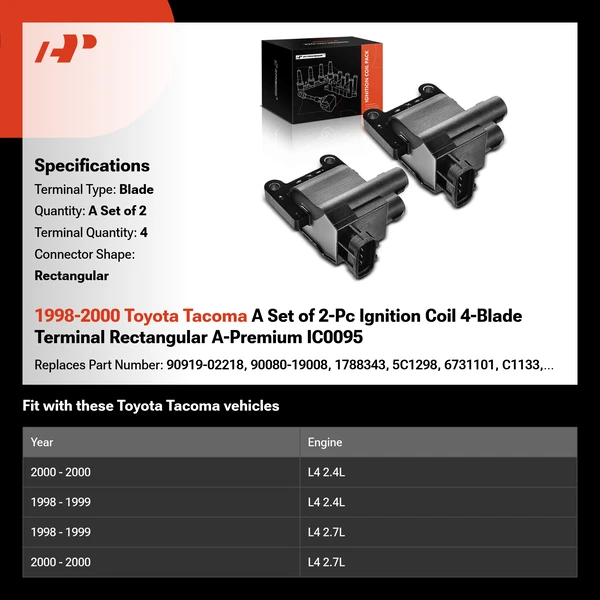 1998-2000 Toyota Tacoma A Set of 2-Pc Ignition Coil 4-Blade Terminal Rectangular A-Premium IC0095