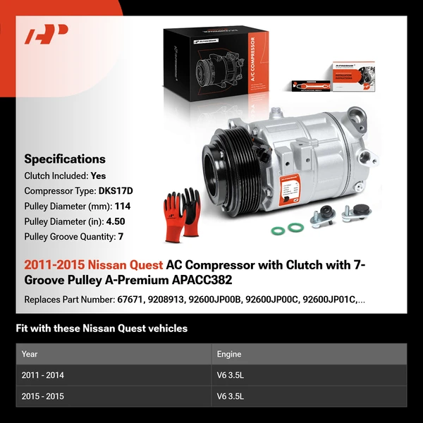 2011-2015 Nissan Quest AC Compressor with Clutch with 7-Groove Pulley A-Premium APACC382