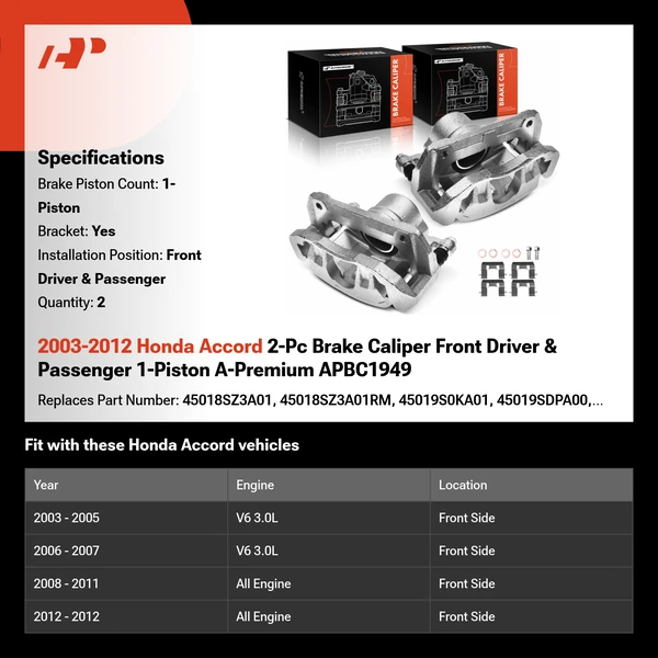 2003-2012 Honda Accord 2-Pc Brake Caliper Front Driver & Passenger 1-Piston A-Premium APBC1949