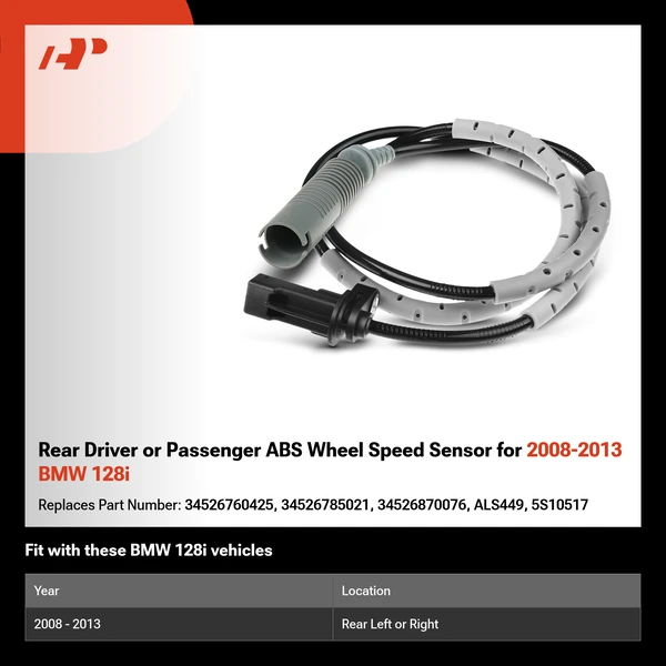 Rear Driver or Passenger ABS Wheel Speed Sensor for 2008-2013 BMW 128i
