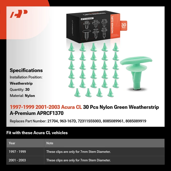 1997-1999 2001-2003 Acura CL 30 Pcs Nylon Green Weatherstrip A-Premium APRCF1370