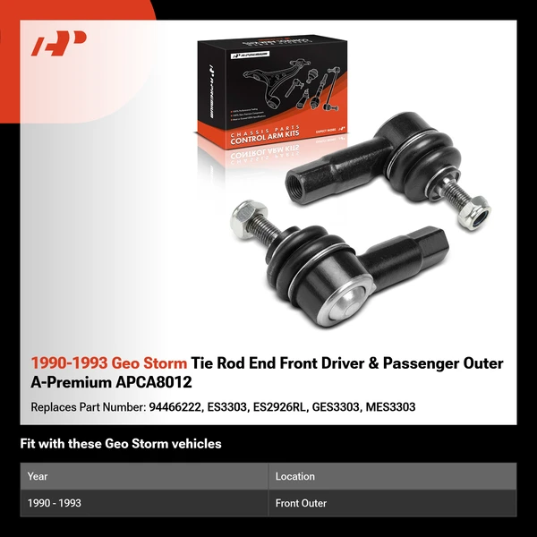 1990-1993 Geo Storm Tie Rod End Front Driver & Passenger Outer A-Premium APCA8012