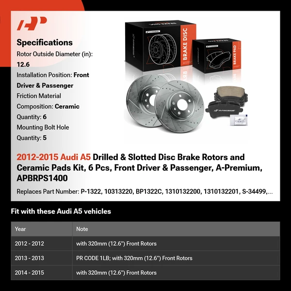 2012-2015 Audi A5 Drilled & Slotted Disc Brake Rotors and Ceramic Pads Kit, 6 Pcs, Front Driver & Passenger, A-Premium, APBRPS1400