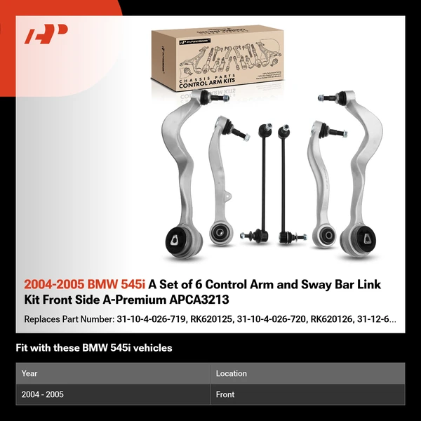 2004-2005 BMW 545i A Set of 6 Control Arm and Sway Bar Link Kit Front Side A-Premium APCA3213