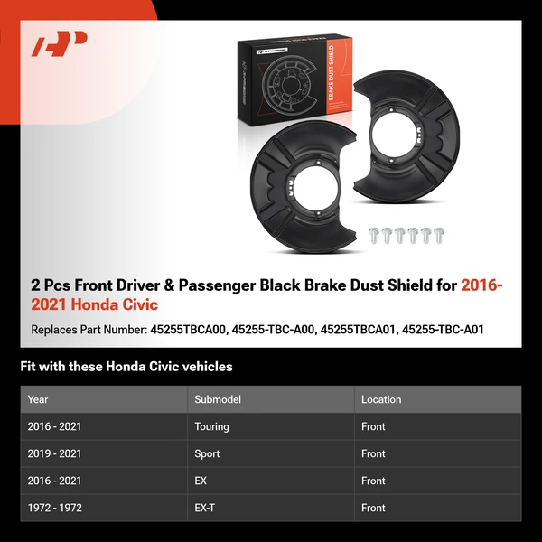 2 Pcs Front Driver & Passenger Black Brake Dust Shield for 2016-2021 Honda Civic