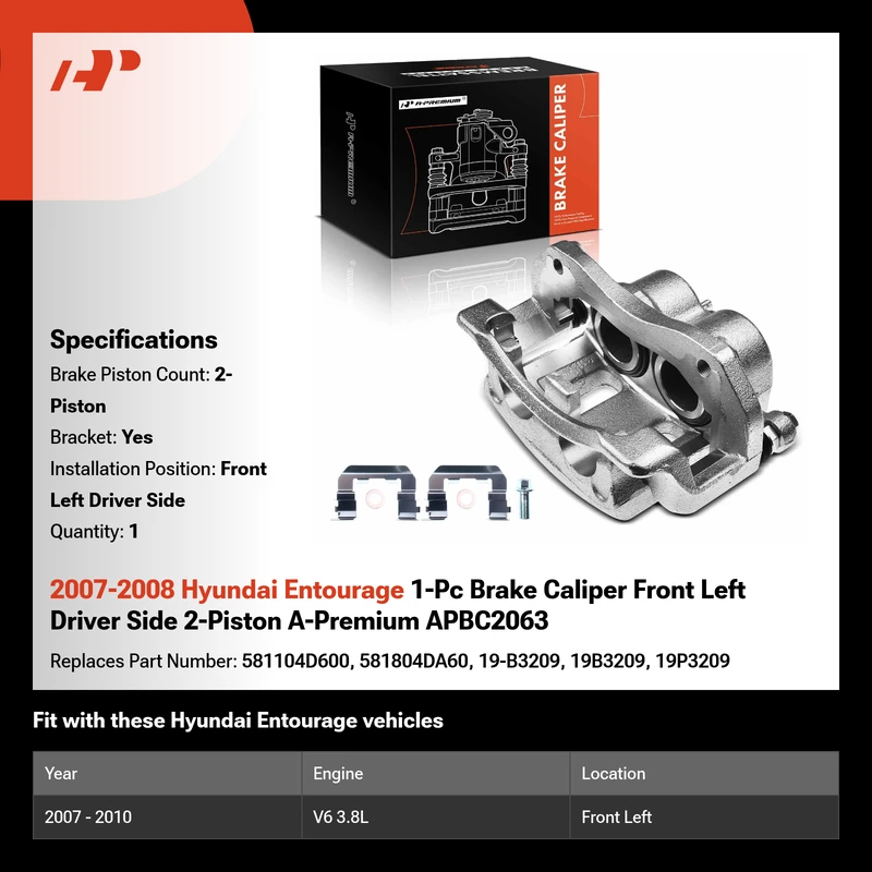 2007-2008 Hyundai Entourage 1-Pc Brake Caliper Front Left Driver Side 2-Piston A-Premium APBC2063