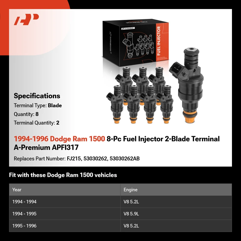 1994-1996 Dodge Ram 1500 8-Pc Fuel Injector 2-Blade Terminal A-Premium APFI317