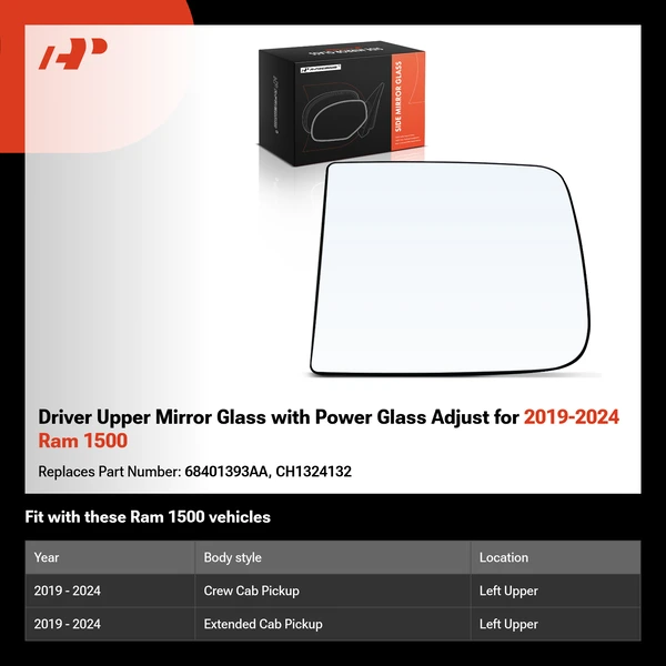 Driver Upper Mirror Glass with Power Glass Adjust for 2019-2024 Ram 1500