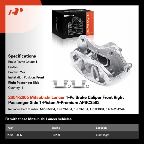 2004-2006 Mitsubishi Lancer 1-Pc Brake Caliper Front Right Passenger Side 1-Piston A-Premium APBC2583