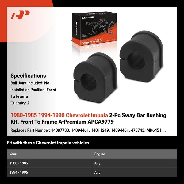 1980-1985 1994-1996 Chevrolet Impala 2-Pc Sway Bar Bushing Kit, Front To Frame A-Premium APCA9779