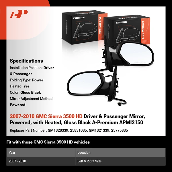2007-2010 GMC Sierra 3500 HD Driver & Passenger Mirror, Powered, with Heated, Gloss Black A-Premium APMI2150
