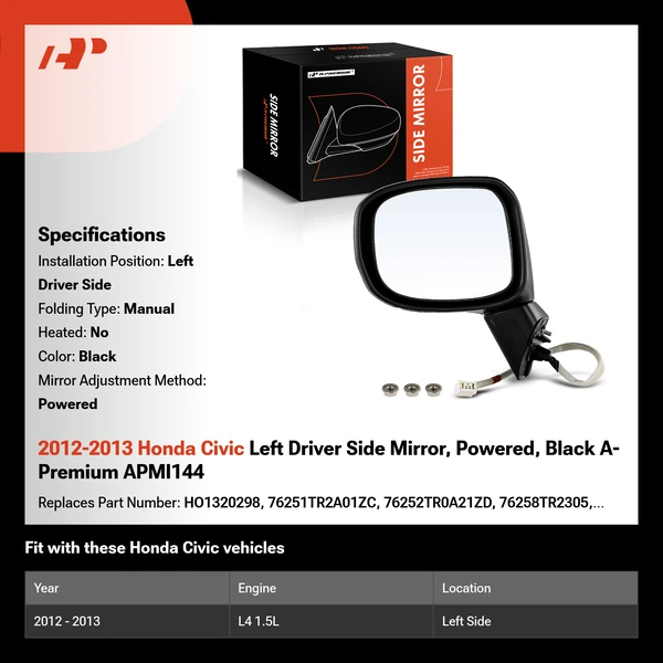 2012-2013 Honda Civic Left Driver Side Mirror, Powered, Black A-Premium APMI144