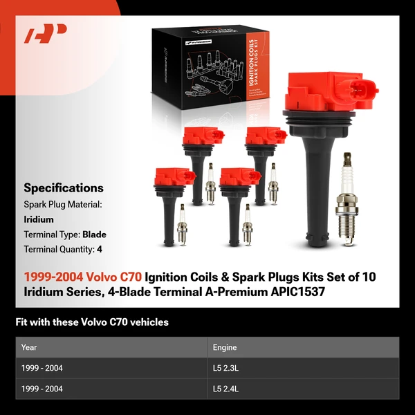 1999-2004 Volvo C70 Ignition Coils & Spark Plugs Kits Set of 10 Iridium Series, 4-Blade Terminal A-Premium APIC1537