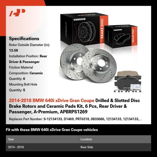 2014-2018 BMW 640i xDrive Gran Coupe Drilled & Slotted Disc Brake Rotors and Ceramic Pads Kit, 6 Pcs, Rear Driver & Passenger, A-Premium, APBRPS1269