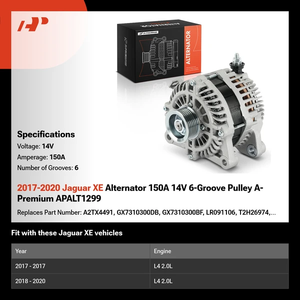 2017-2020 Jaguar XE Alternator 150A 14V 6-Groove Pulley A-Premium APALT1299