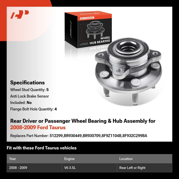 Rear Driver or Passenger Wheel Bearing & Hub Assembly for 2008-2009 Ford Taurus