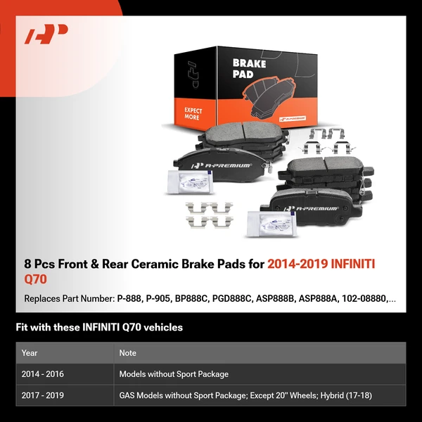 8 Pcs Front & Rear Ceramic Brake Pads for 2014-2019 INFINITI Q70