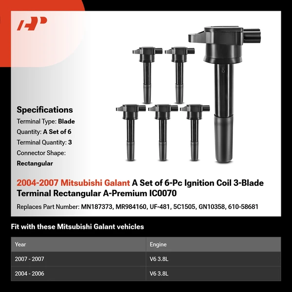 2004-2007 Mitsubishi Galant A Set of 6-Pc Ignition Coil 3-Blade Terminal Rectangular A-Premium IC0070